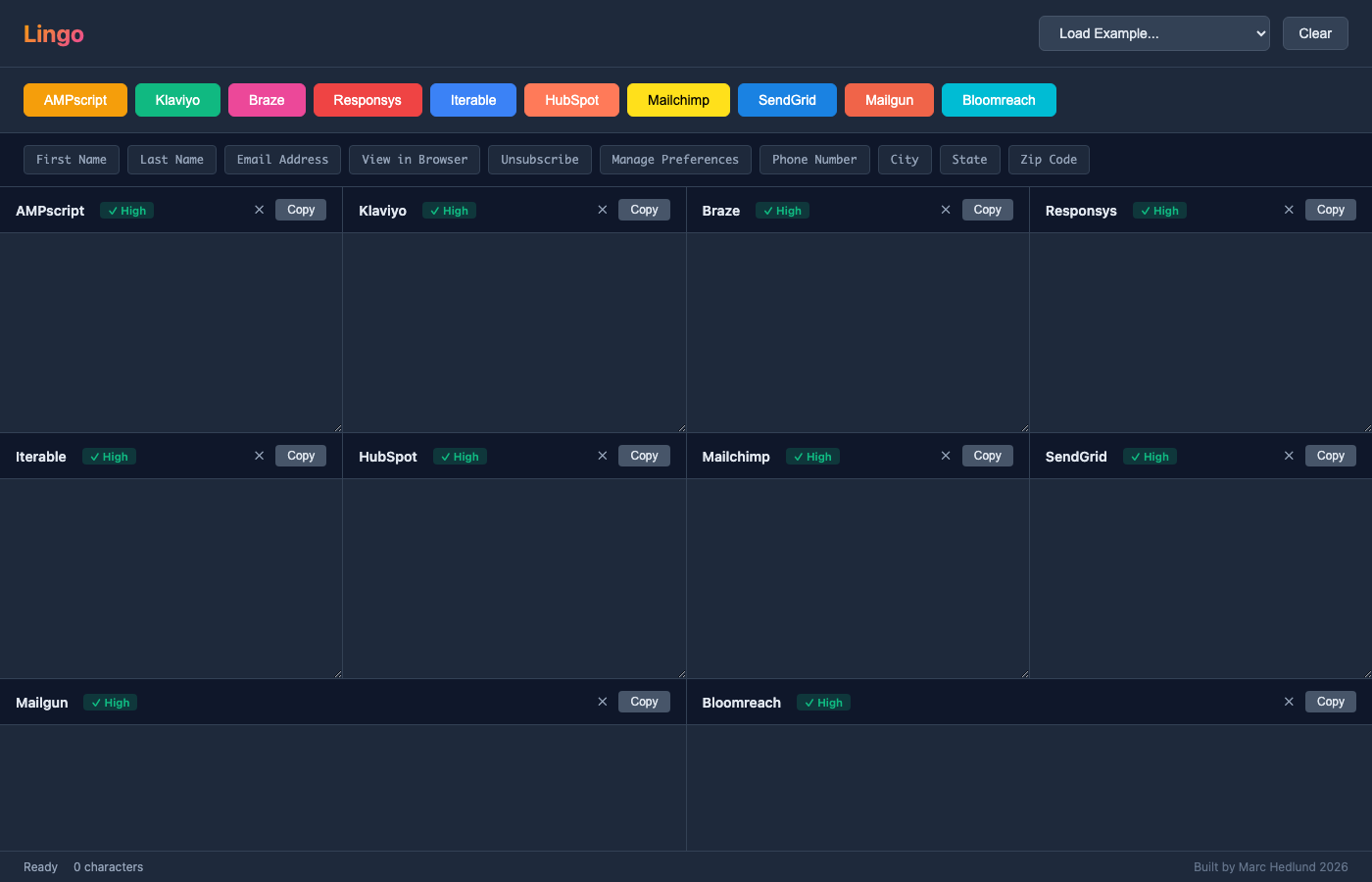 Lingo — multi-pane ESP translator with side-by-side syntax outputs for AMPscript, Klaviyo, Braze, Responsys, Iterable, HubSpot, Mailchimp, SendGrid, Mailgun, and Bloomreach