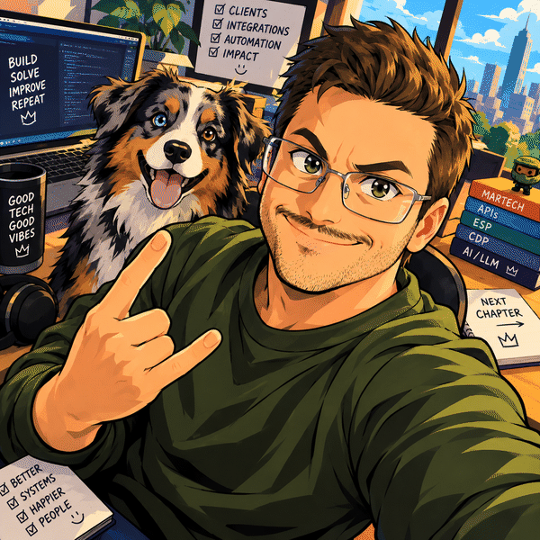 Illustrated Marc Hedlund with his Australian Shepherd at his desk